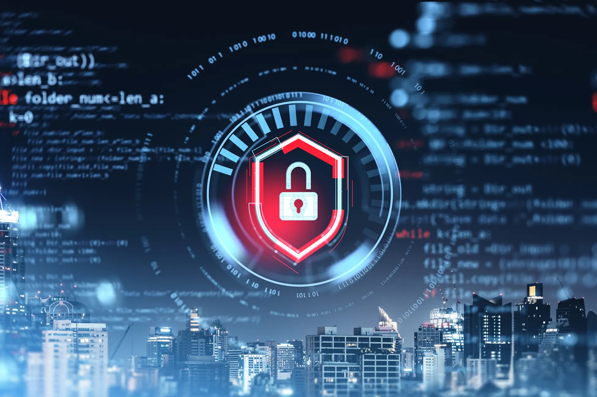 Cybersecurity digital lock over cityscape