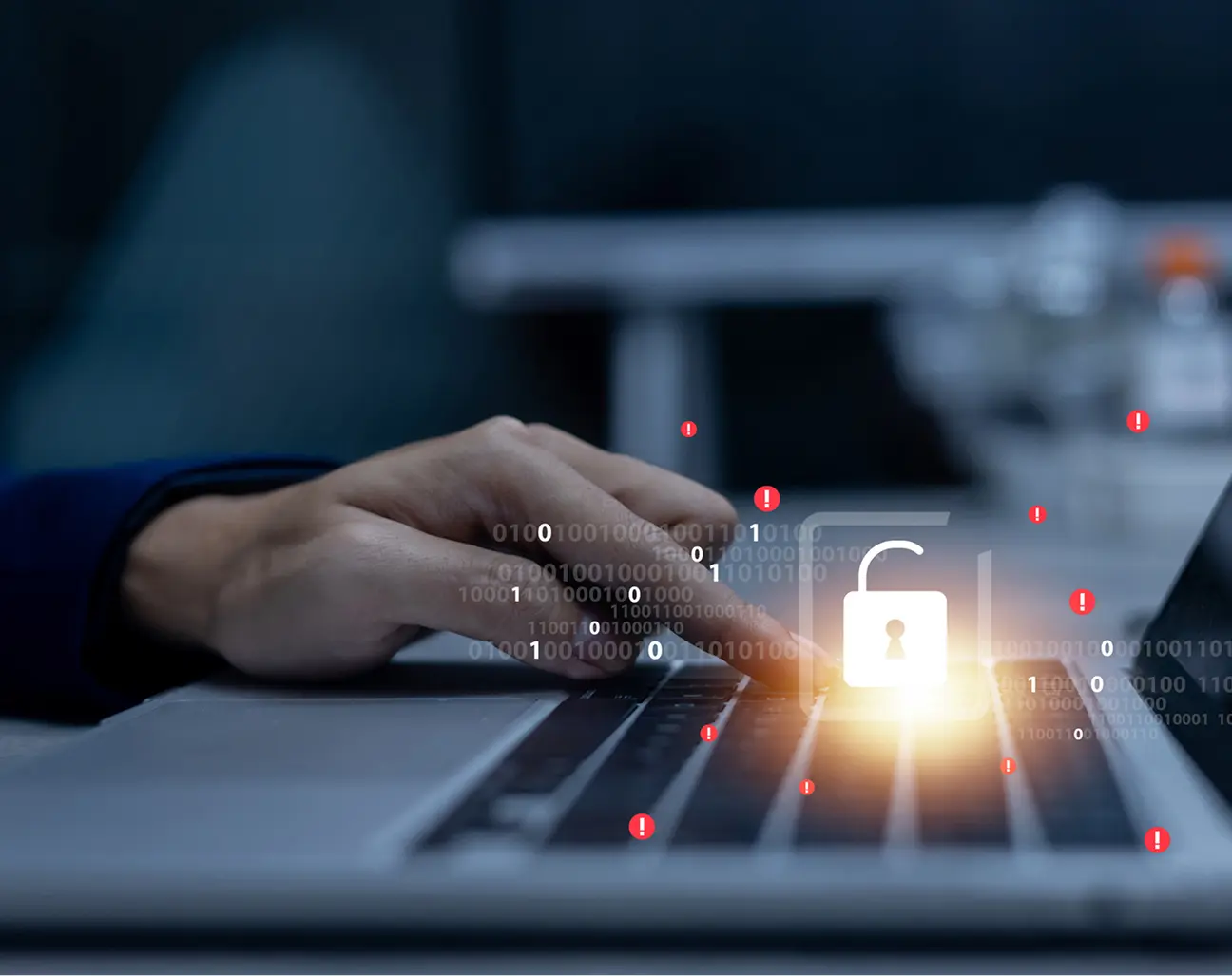 Typing on laptop with digital security icons