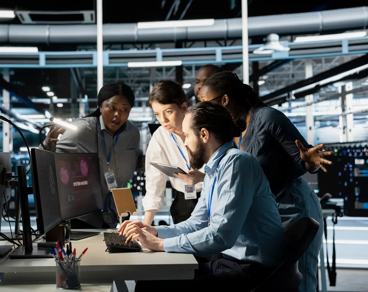 Team collaborating in a tech office