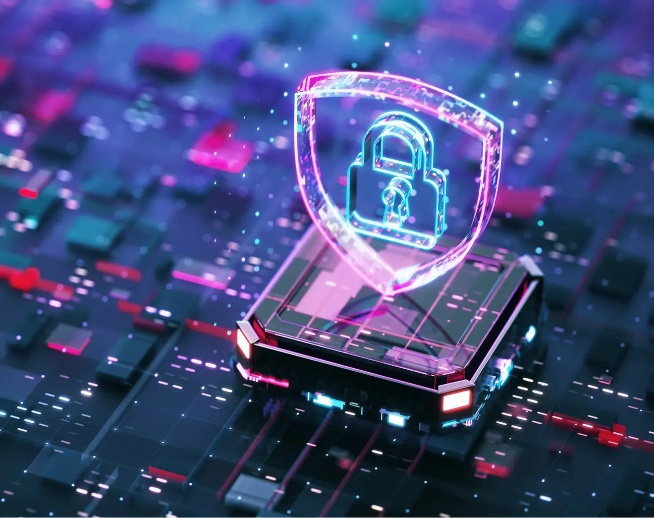 Futuristic padlock graphic on tech background