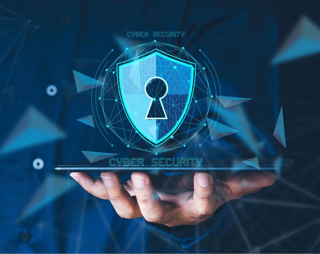 Hand holding holographic security symbol