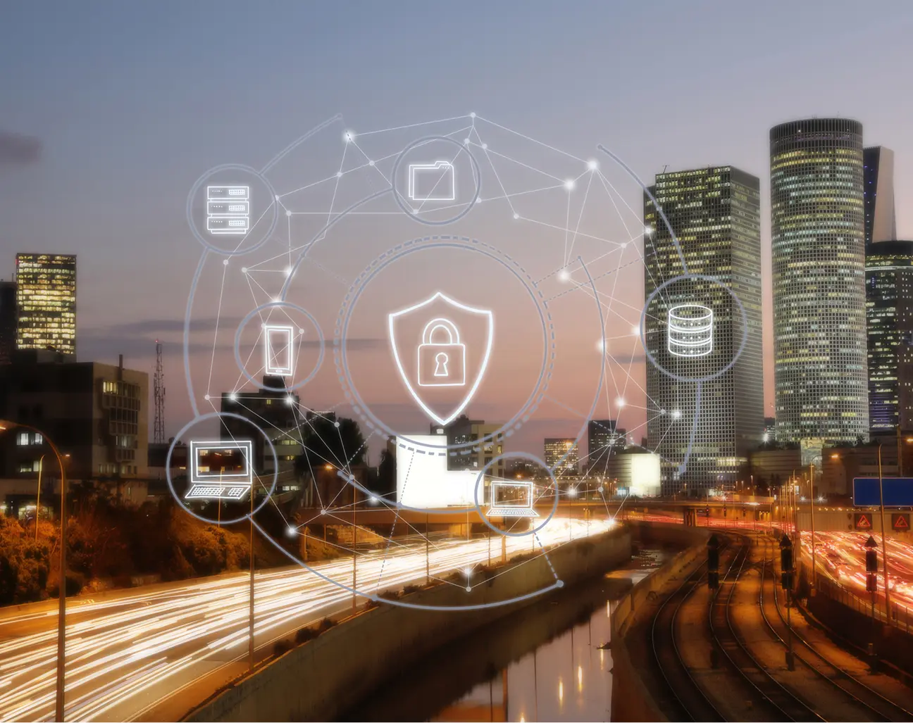 Futuristic network overlay on urban landscape